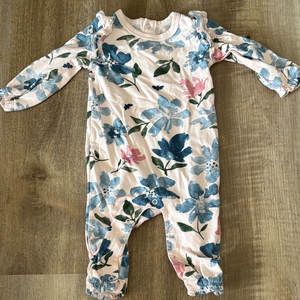 ✨Burt's Bees Floral Long-Sleeve Footed One-Piece - Pink, Blue & Green